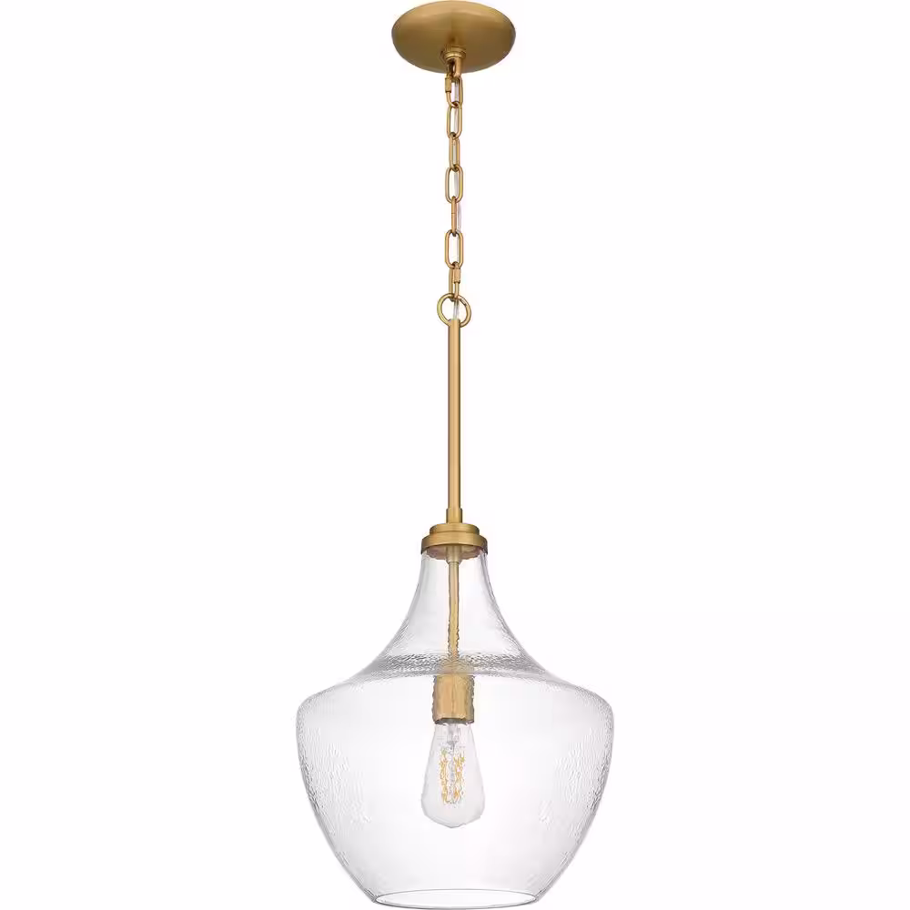 DSI LIGHTING Camlyn 1-Light Brushed Gold Shaded Pendant with Clear Hammered Glass Shade