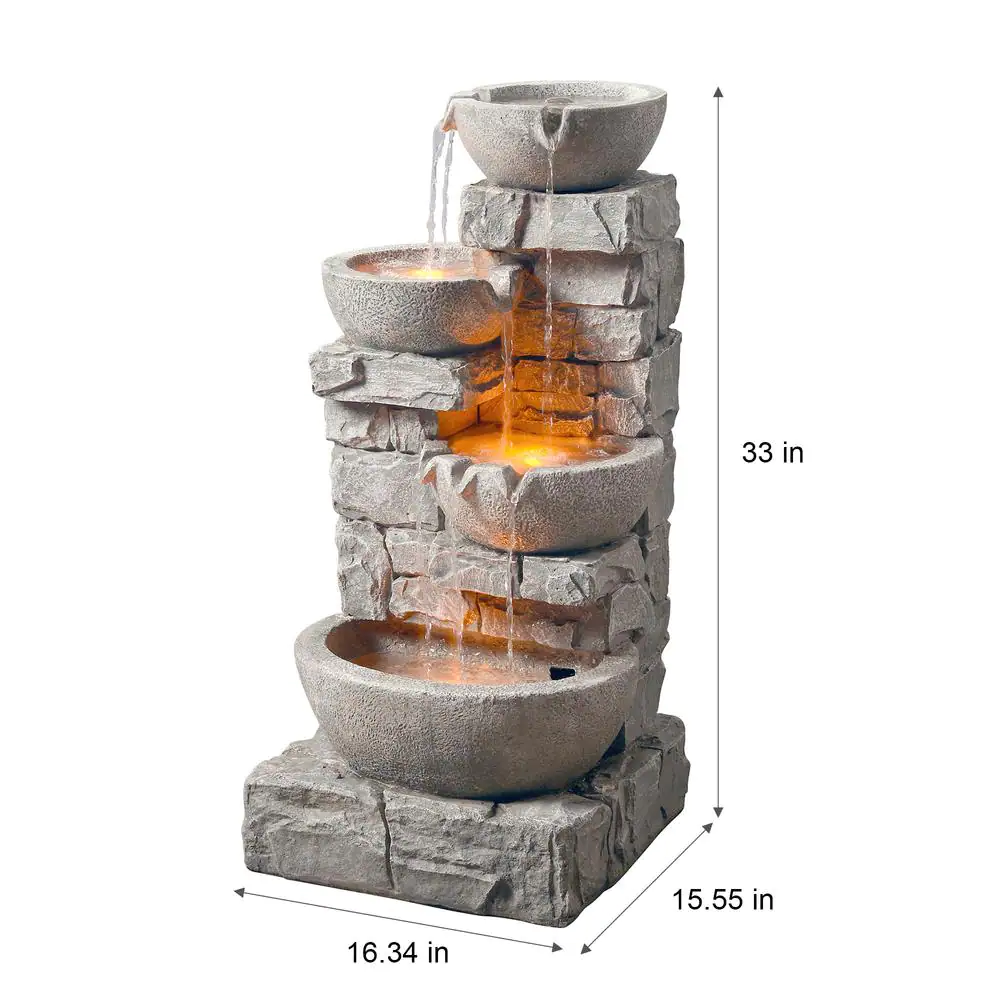Teamson Home Outdoor Zen Garden 33 in. Stone-Texture Polyresin Cascading Waterfall Fountain with LED Lights