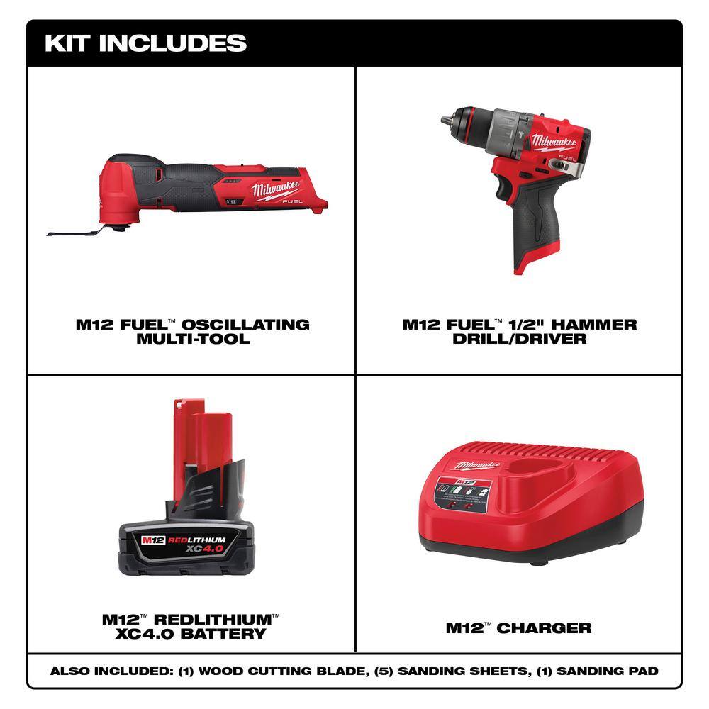 Milwaukee M12 FUEL 12-Volt Lithium-Ion Cordless Oscillating Multi-Tool and M12 FUEL 1/2 in. Hammer Drill with Battery and Charger