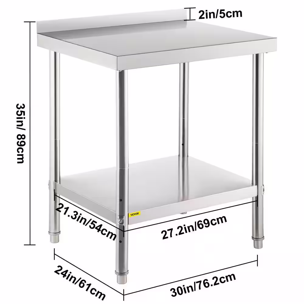 VEVOR Stainless Steel Prep Table 30 x 24 x 35 in. Heavy Duty Metal Worktable with Adjustable Undershelf Kitchen Utility Tables