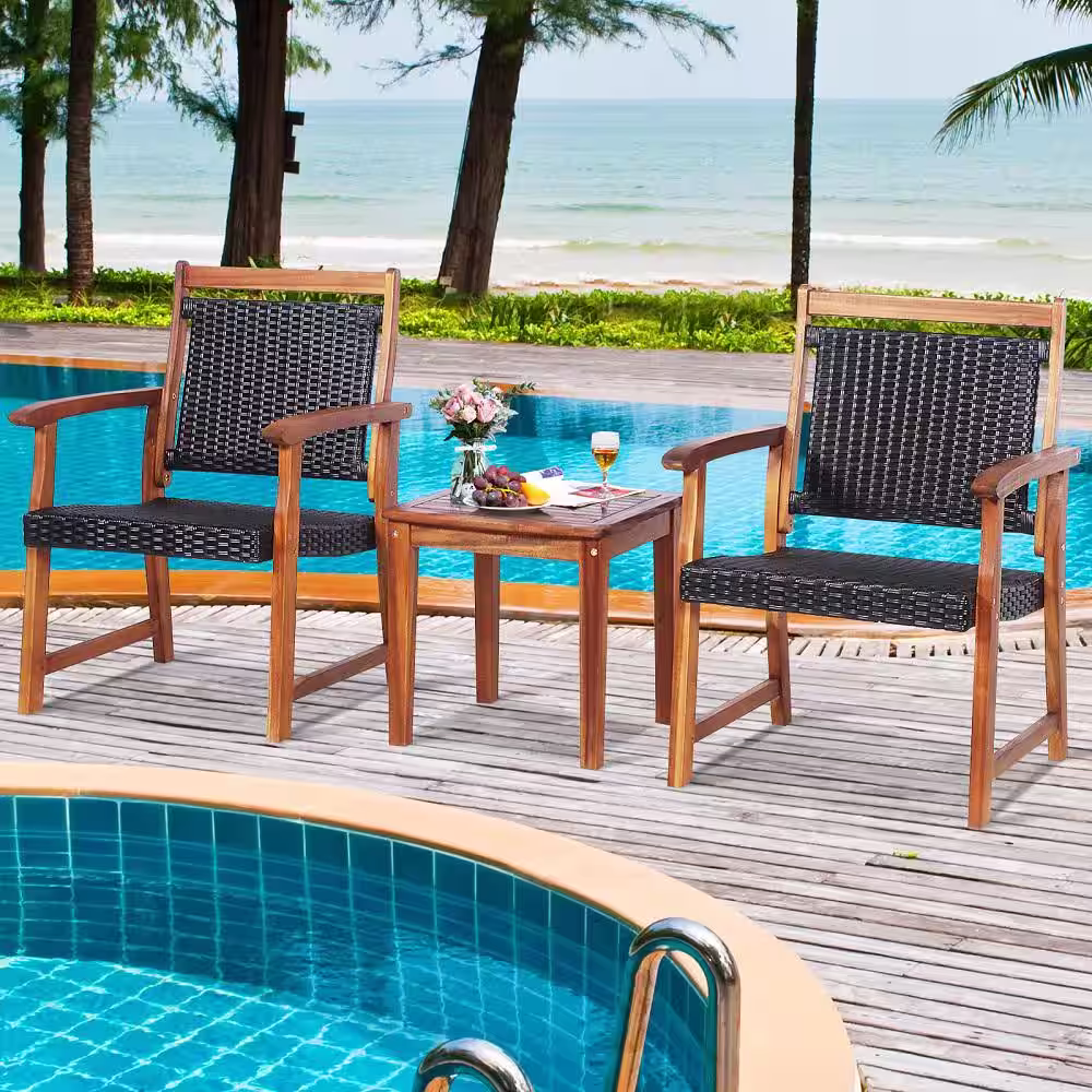 HONEY JOY 3 -Pieces Wicker Patio Bistro Set Outdoor Acacia Wood Table and Chairs Set