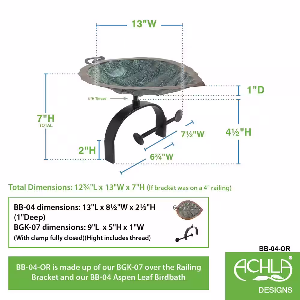 Achla Designs 17 in. Tall Antique Brass Plated Aspen Leaf Birdbath with Over Rail Bracket
