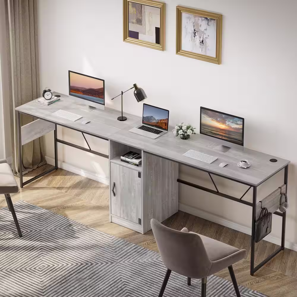 Bestier 60 in. L shaped Wash White Wood Desk with Cabinet and Hooks