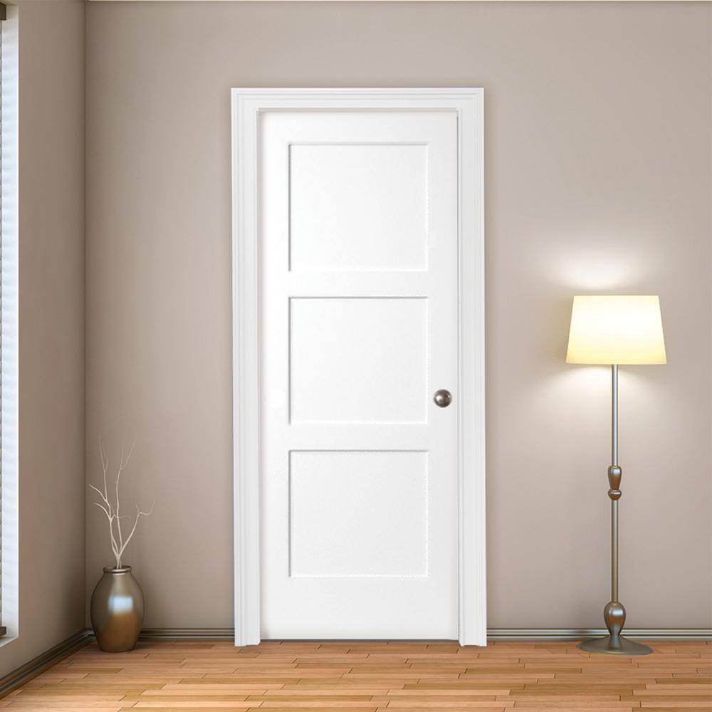 Steves & Sons 32 in. x 80 in. 3-Panel Equal Shaker White Primed Solid Core Wood Interior Door Slab With Bore