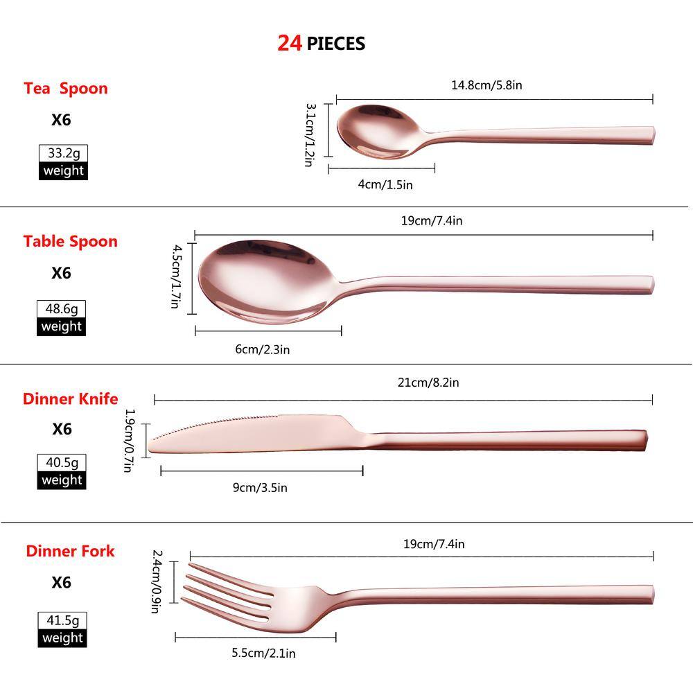 Velaze 24-Piece 18/8 Rose Gold Stainless Steel Flatware Set Knife Fork Spoon Set (Service for 6)