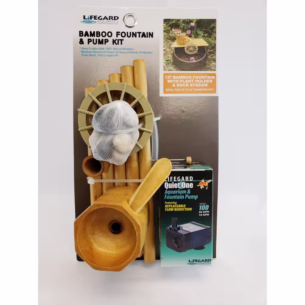 Lifegard Aquatics 12 in. Bamboo Fountain with Plant Holder and Rock Stream-Complete with Pump and Tubing