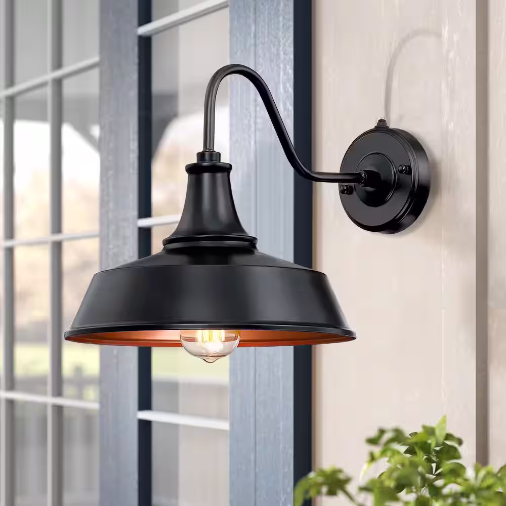 TRUE FINE Grantham 1-Light 12 in. Black Dusk to Dawn Outdoor Barn Light Wall Sconce
