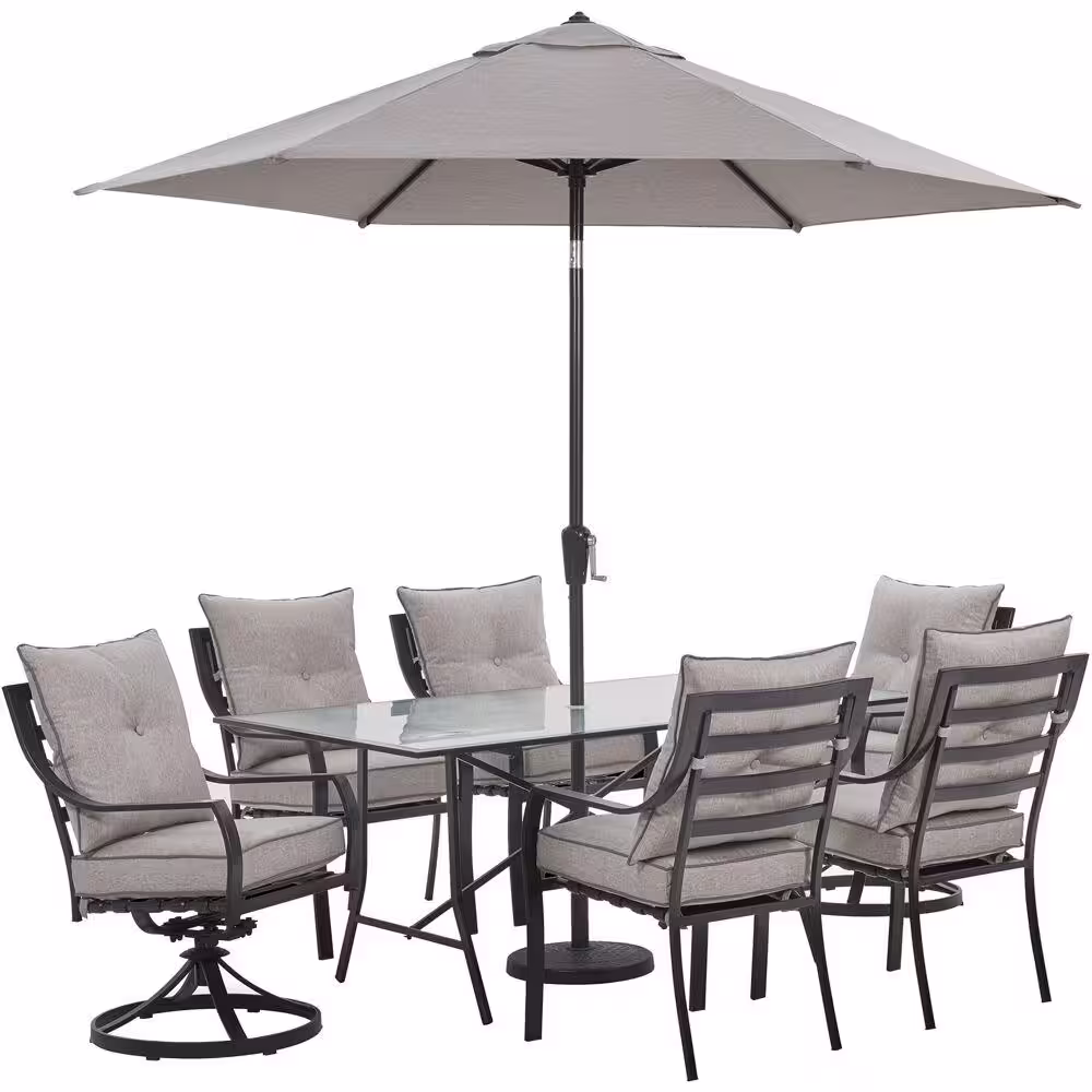 Hanover Lavallette 7-Piece Steel Outdoor Dining Set with Silver Linings Cushions, Chairs, Swivel Rockers, Table, Umbrella/Base