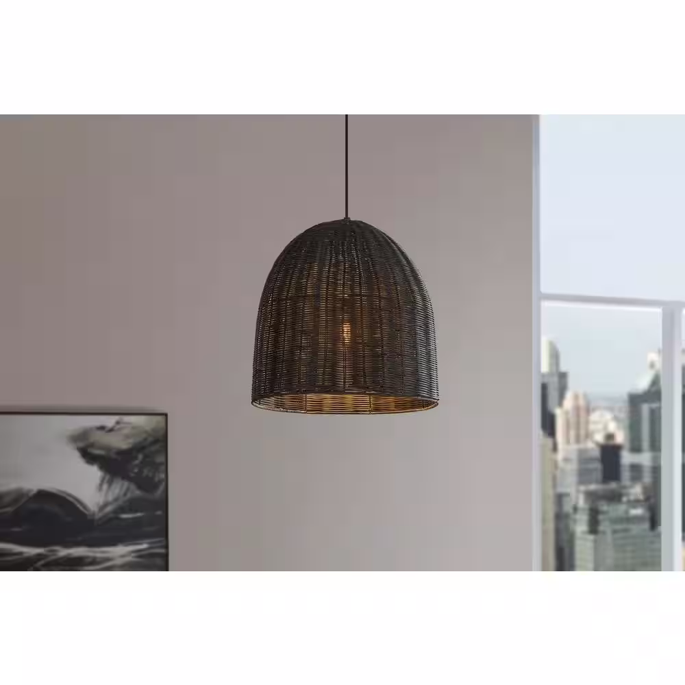 Hampton Bay Highler 1-Light Matte Black Pendant with Matte Black Rattan Shade