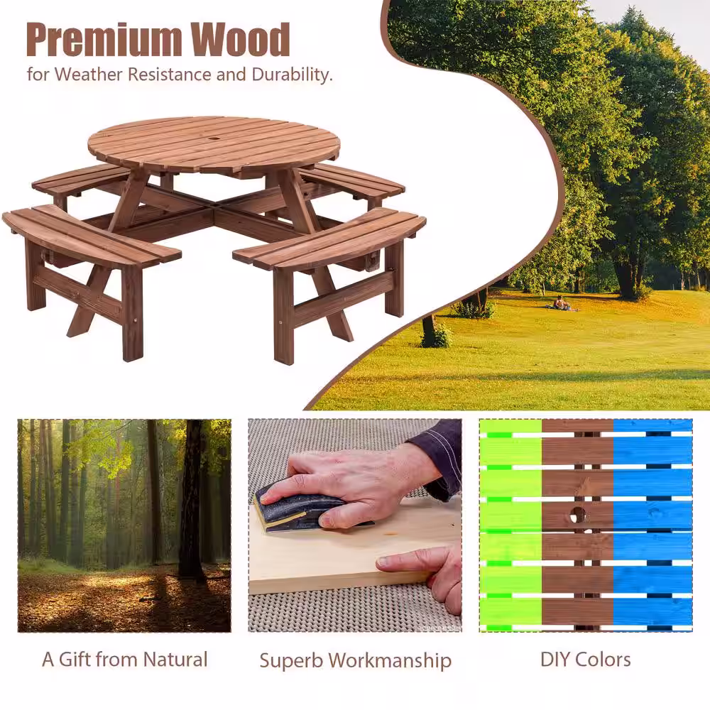 Anvil 8-Person Circular Outdoor Wooden Picnic Table Patio, Backyard, Garden, DIY with 4-Built-in Benches, 2200 lbs. Capacity