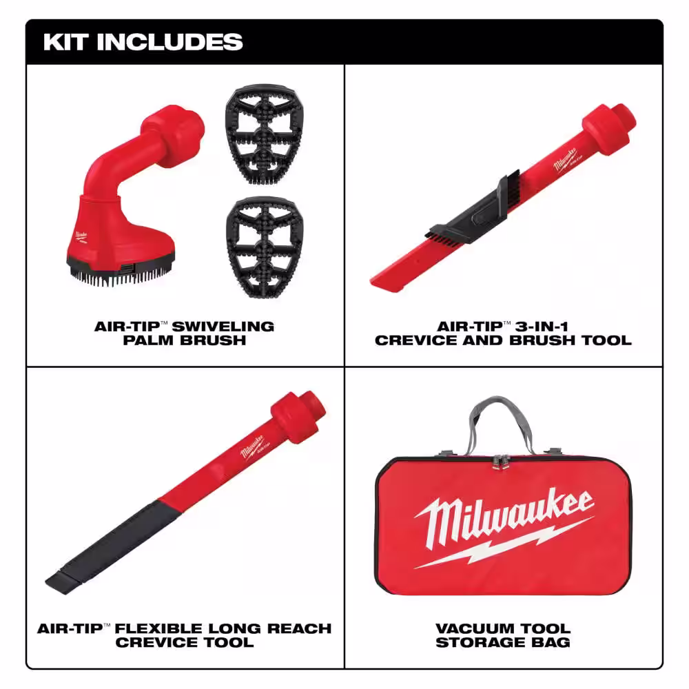 Milwaukee AIR-TIP 1-1/4 in. - 2-1/2 in. Automotive Kit W/Crevice Tools, Utility Nozzle and Bag For Wet/Dry Shop Vacuums (4-Piece)