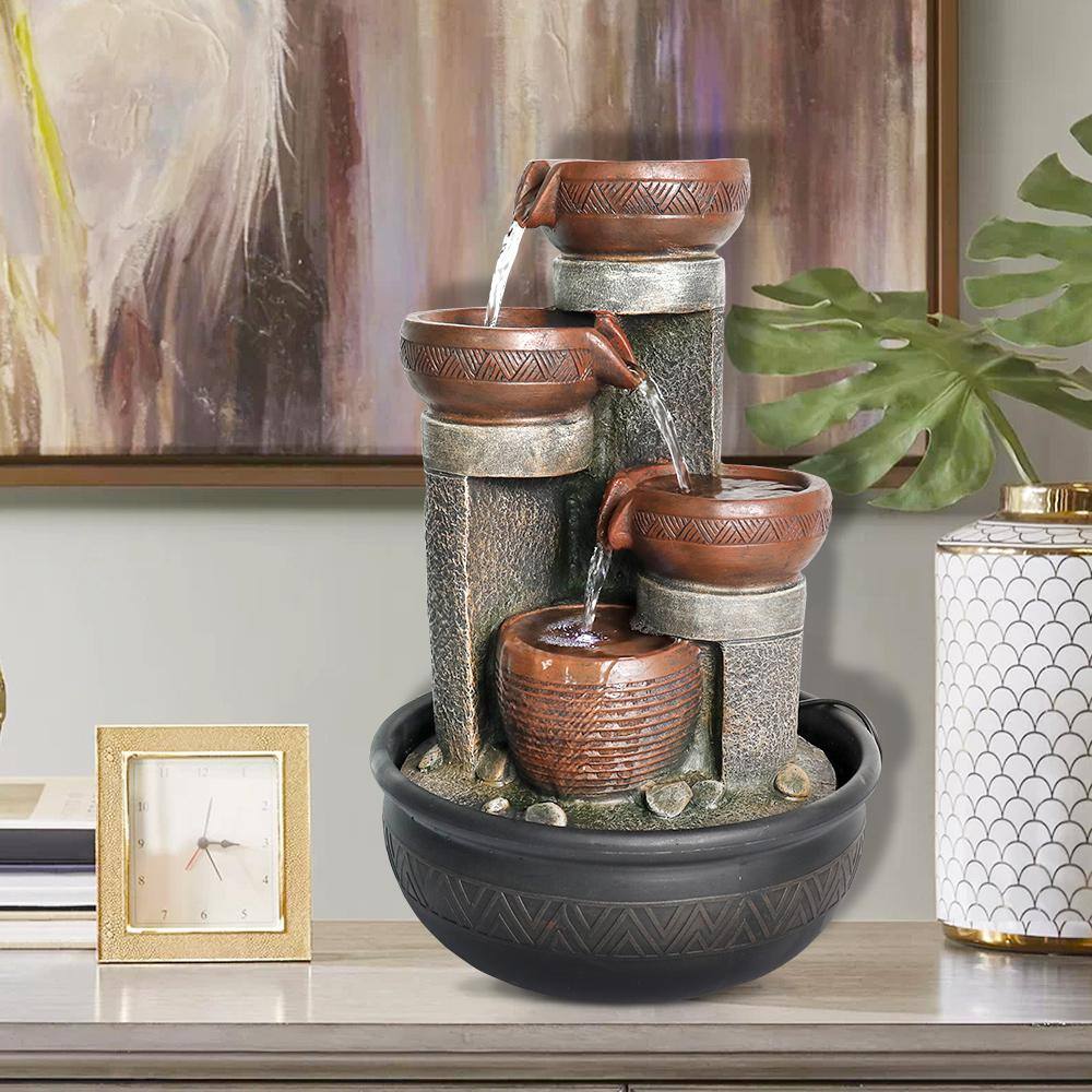 Watnature 15.7 in. Resin Indoor Water Fountain 4-Step Relaxation Feng Shui Tabletop Fountain with LED Lights