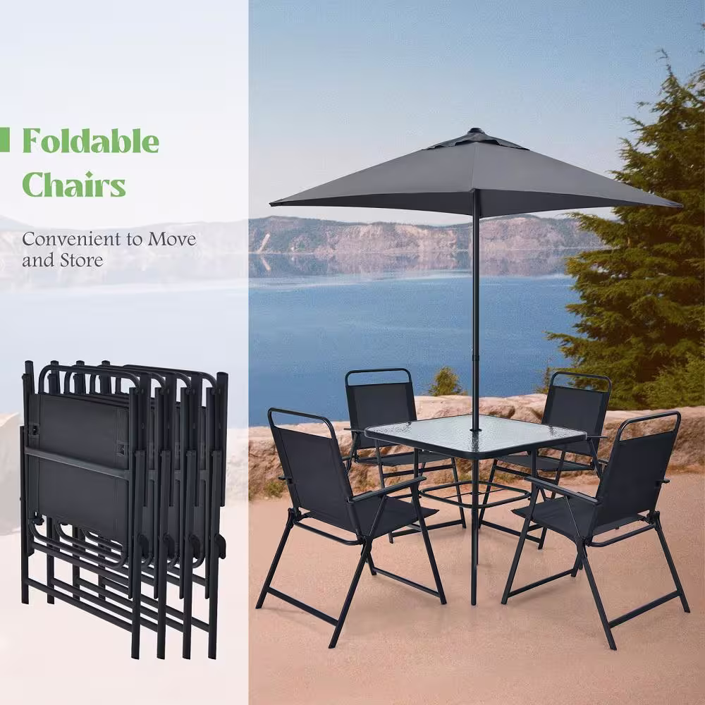 Costway 6-Pieces Patio Metal Furniture Outdoor Dining Set Folding Chairs Glass Table with Umbrella Deck Grey