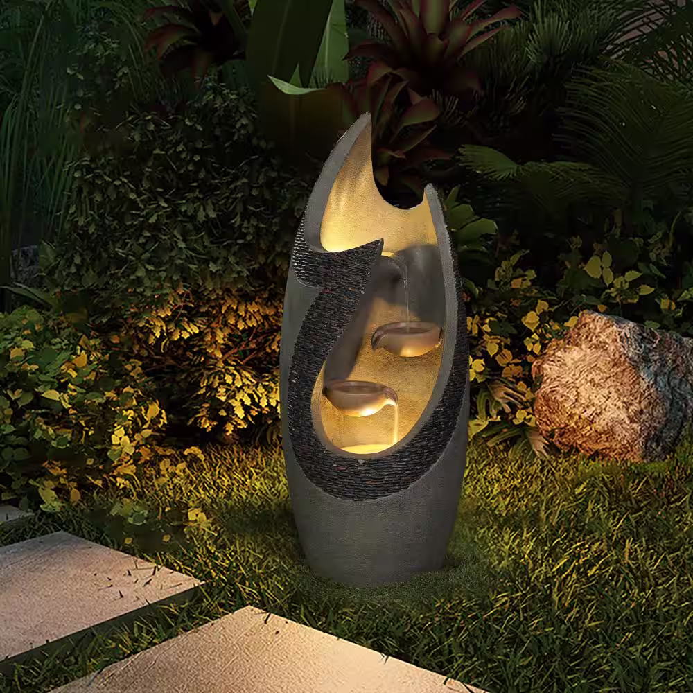 LuxenHome Cement Modern Tiered Patio Cascade Fountain with LED Lights