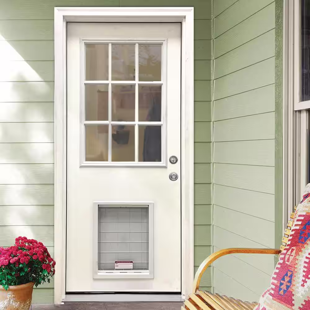 Steves & Sons 31-3/4 in. x 79 in. Reliant Series Clear 9-Lite White Primed Fiberglass Front Door Slab with Extra Large Pet Door