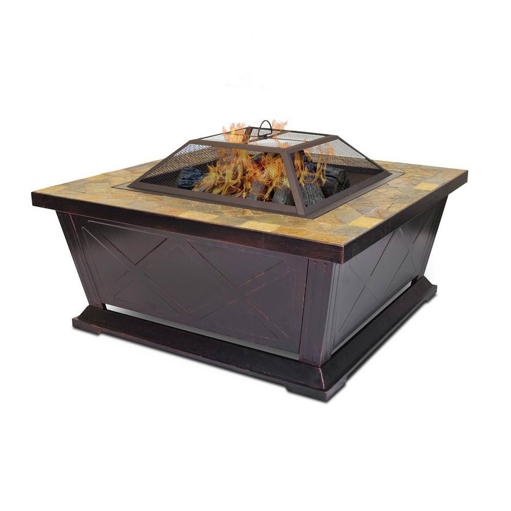 None 36 in. W x 21 in. H Square Metal Wood Burning Outdoor Leisure Fire Pit with Decorative Slate Hearth