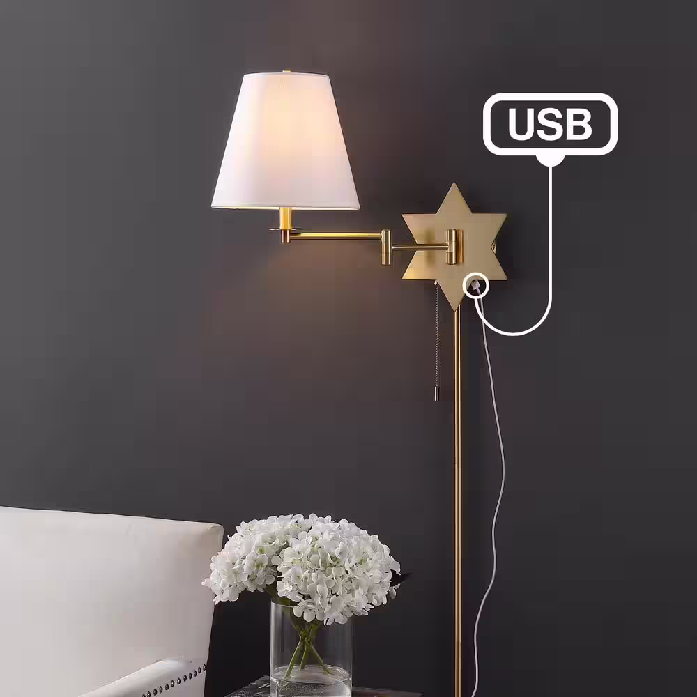 JONATHAN Y David 18.5 in. 1-Light Brass Gold Swing Arm Plug-In or Hardwired Iron LED Star Wall Sconce with Pull-Chain and USB Port