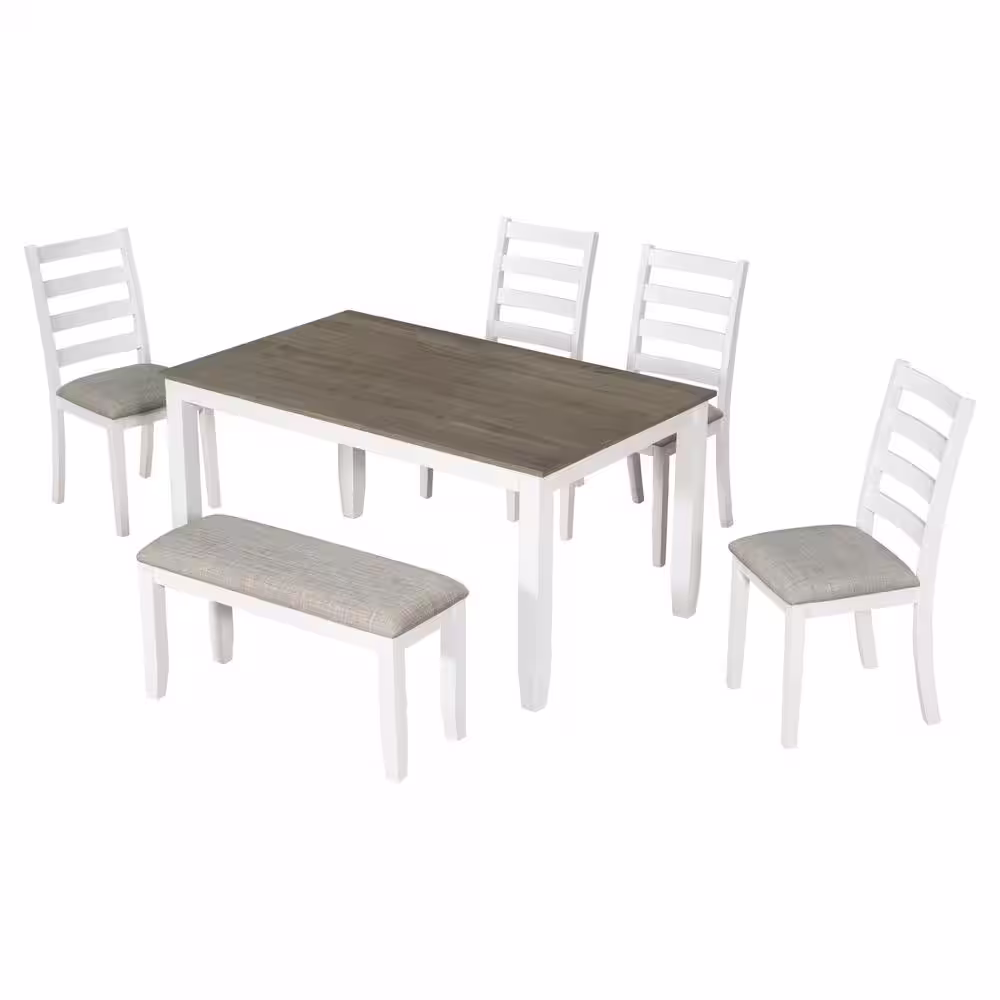 Harper & Bright Designs Rustic Style 6-Piece White Solid Wood Dining Set with 4-Upholstered Chairs and Bench