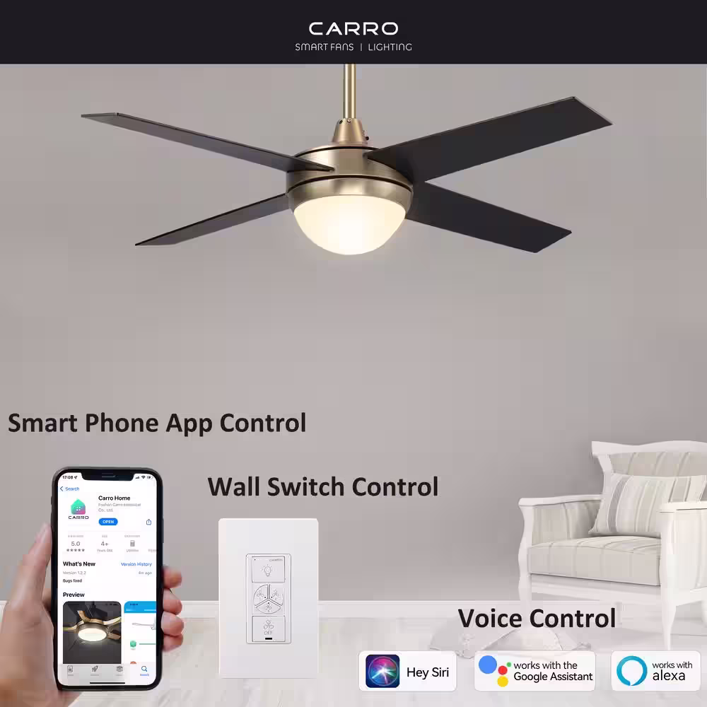 CARRO Nova 52 in. Integrated LED Indoor Gold Smart Ceiling Fan with Light Kit and Wall Control, Works with Alexa/Google Home