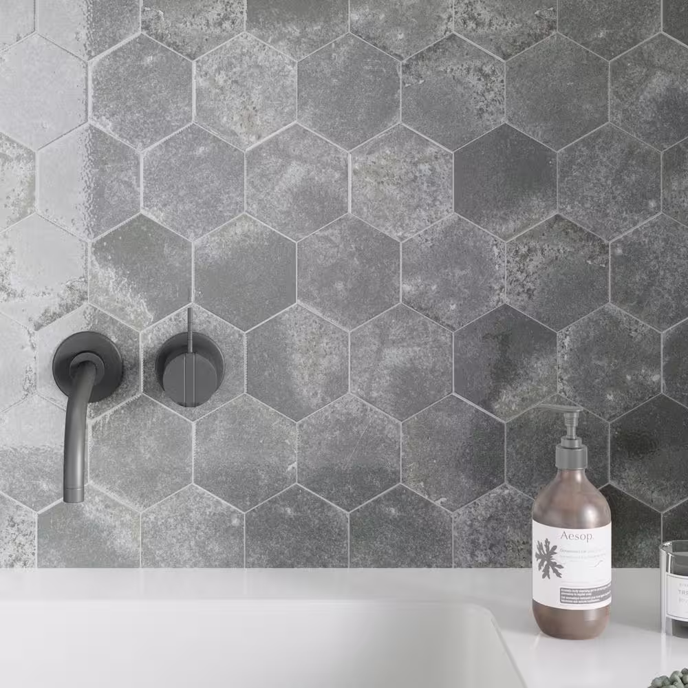 MOLOVO Alma Hexagon Gray 5.1 in. X 5.9 in. Polished Porcelain Stone Look Floor and Wall Tile (3.34 sq. ft./Case)