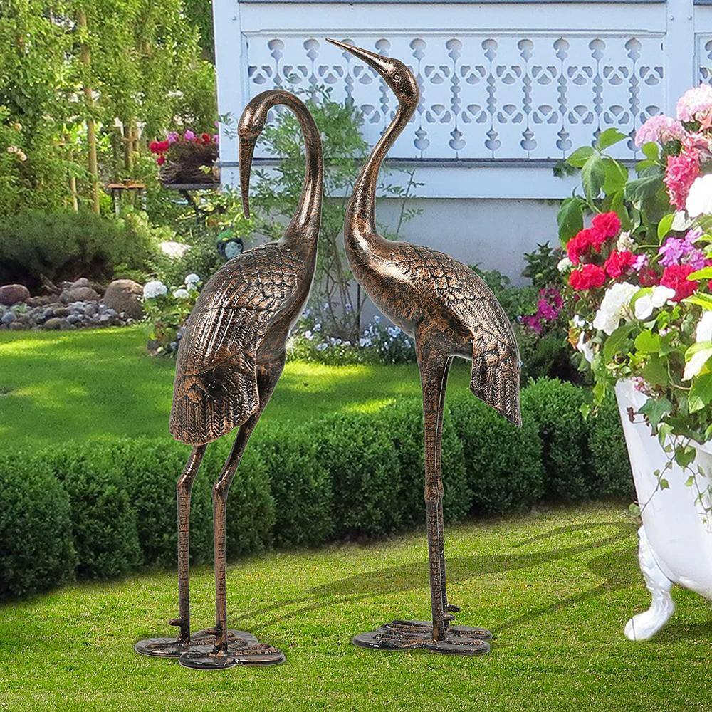 HOMEFUN Antique Bronze Cast Aluminum Garden Statue Sandhill Crane Sculpture (2-Pack)