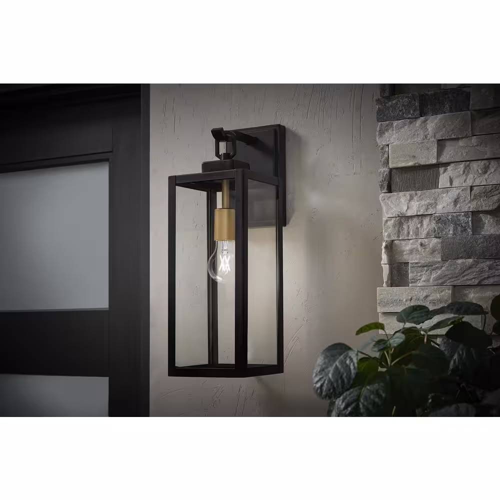 None Maplebrook 18 in. Matte Black with Gold Accents 1-Light Outdoor Line Voltage Wall Sconce with No Bulb Included