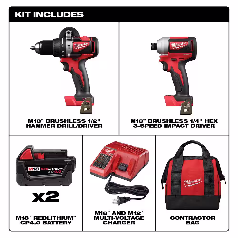 Milwaukee M18 18V Lithium-Ion Brushless Cordless Compact Hammer Drill/Impact Combo Kit (2-Tool) with (2) 4.0Ah Batteries, Bag