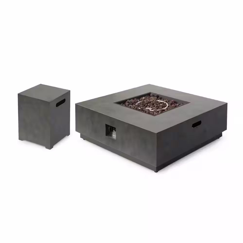 Noble House Wellington 15.25 in. x 19.75 in. Square Concrete Propane Fire Pit in Dark Grey with Tank Holder