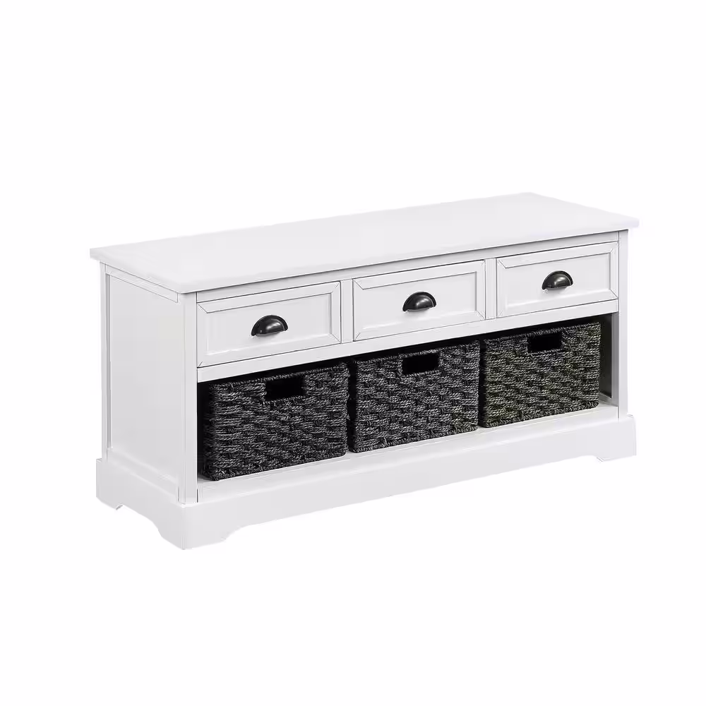 JASIWAY 19.5 in. H x 42 in. W White Wood Shoe Storage Bench Entryway Bench with 3 Drawers and 3 Woven Baskets