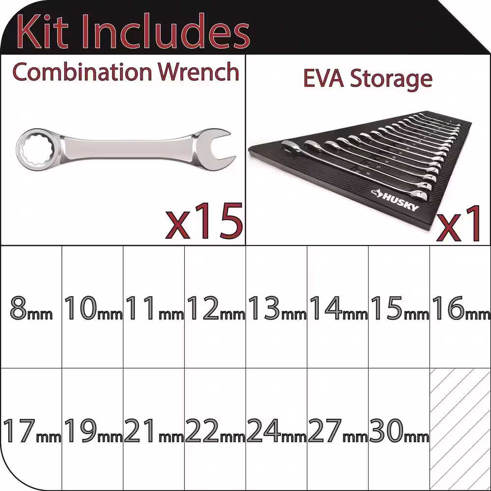 Husky Metric Combination Wrench Set with EVA Storage Tray (15-Piece)