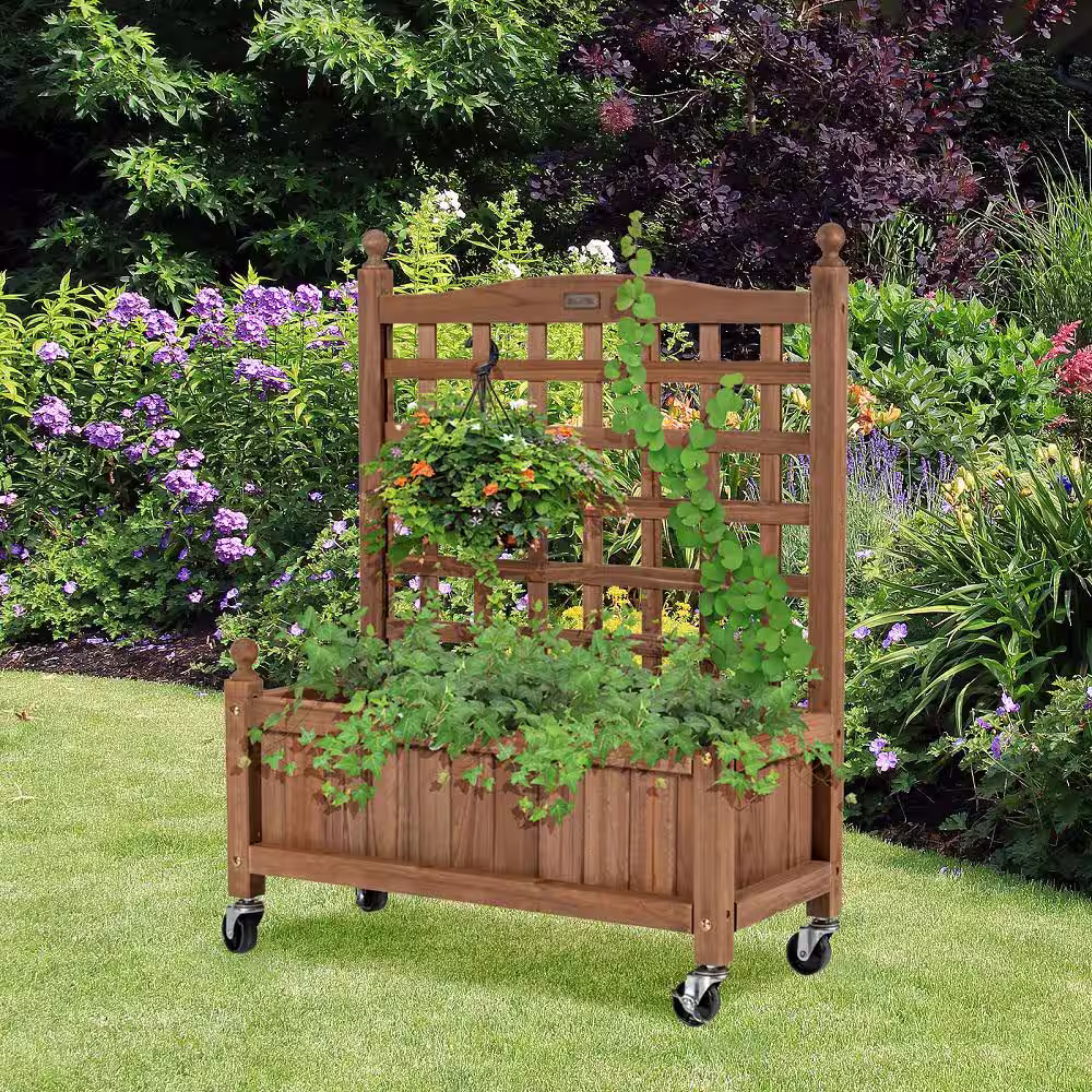 HONEY JOY 32 in. Natural Wood Planter Box with Trellis and Wheels Mobile Plant Raised Bed for Indoor and Outdoor (2-Pack)