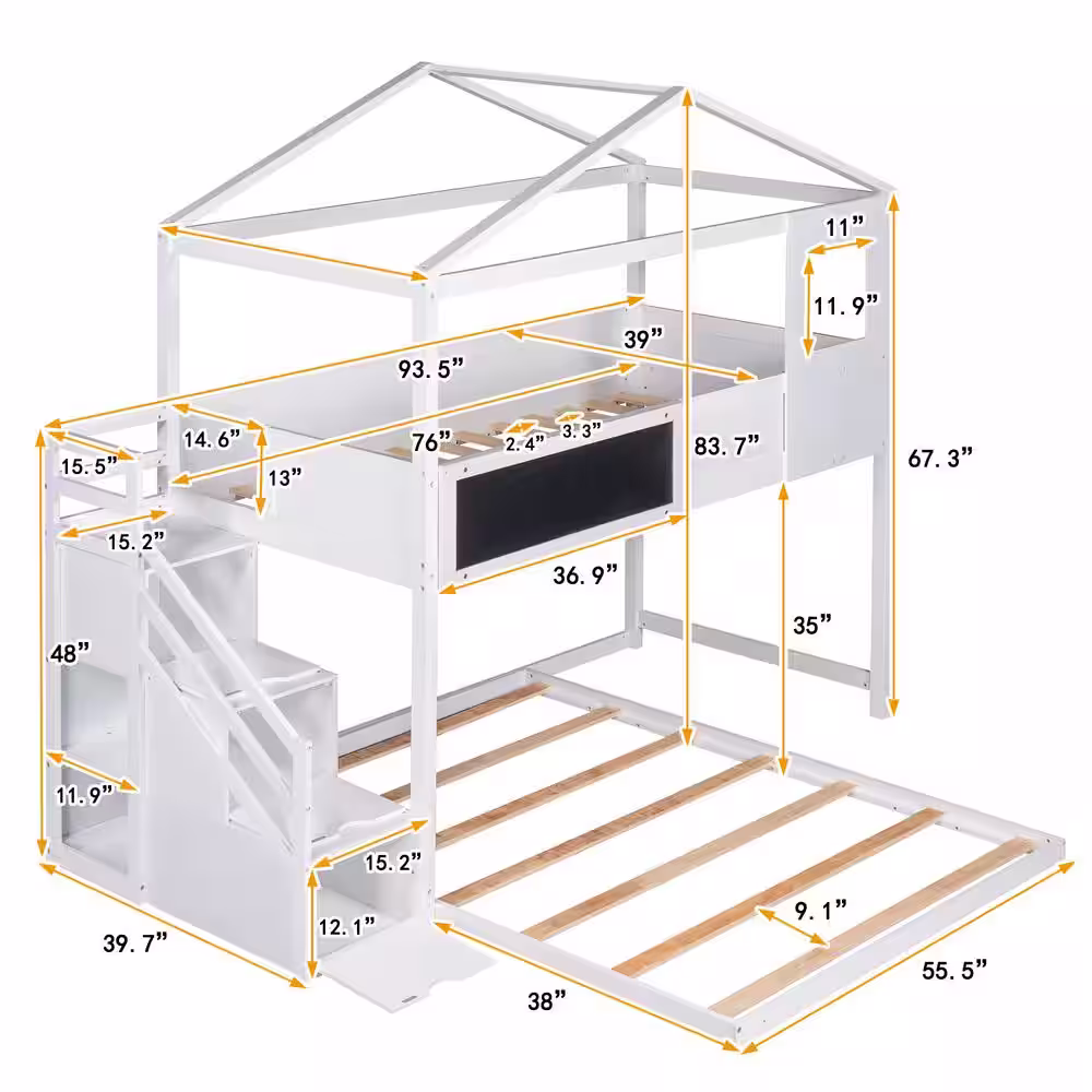 Harper & Bright Designs White Twin Over Full Wood House Bunk Bed with Blackboard and Storage Staircase