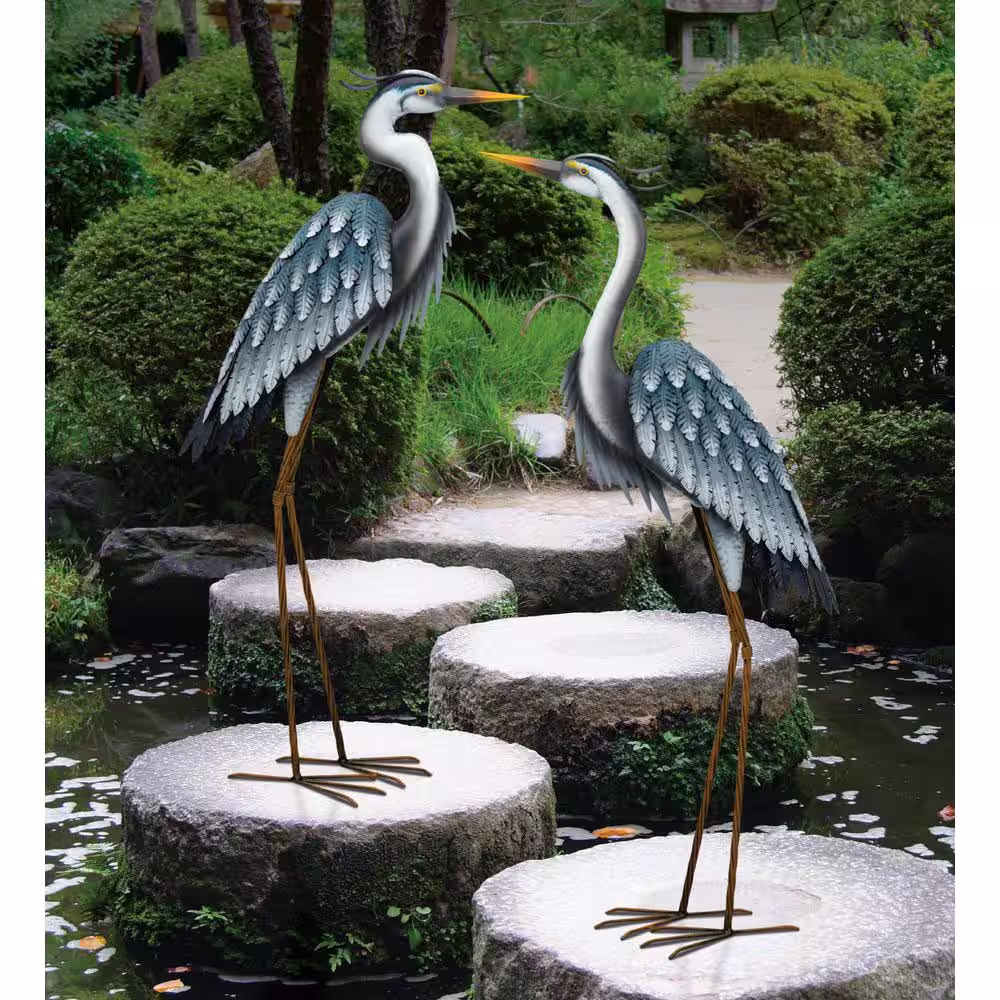 Regal Large Blue Heron Metal Garden Statuary - Looking Down