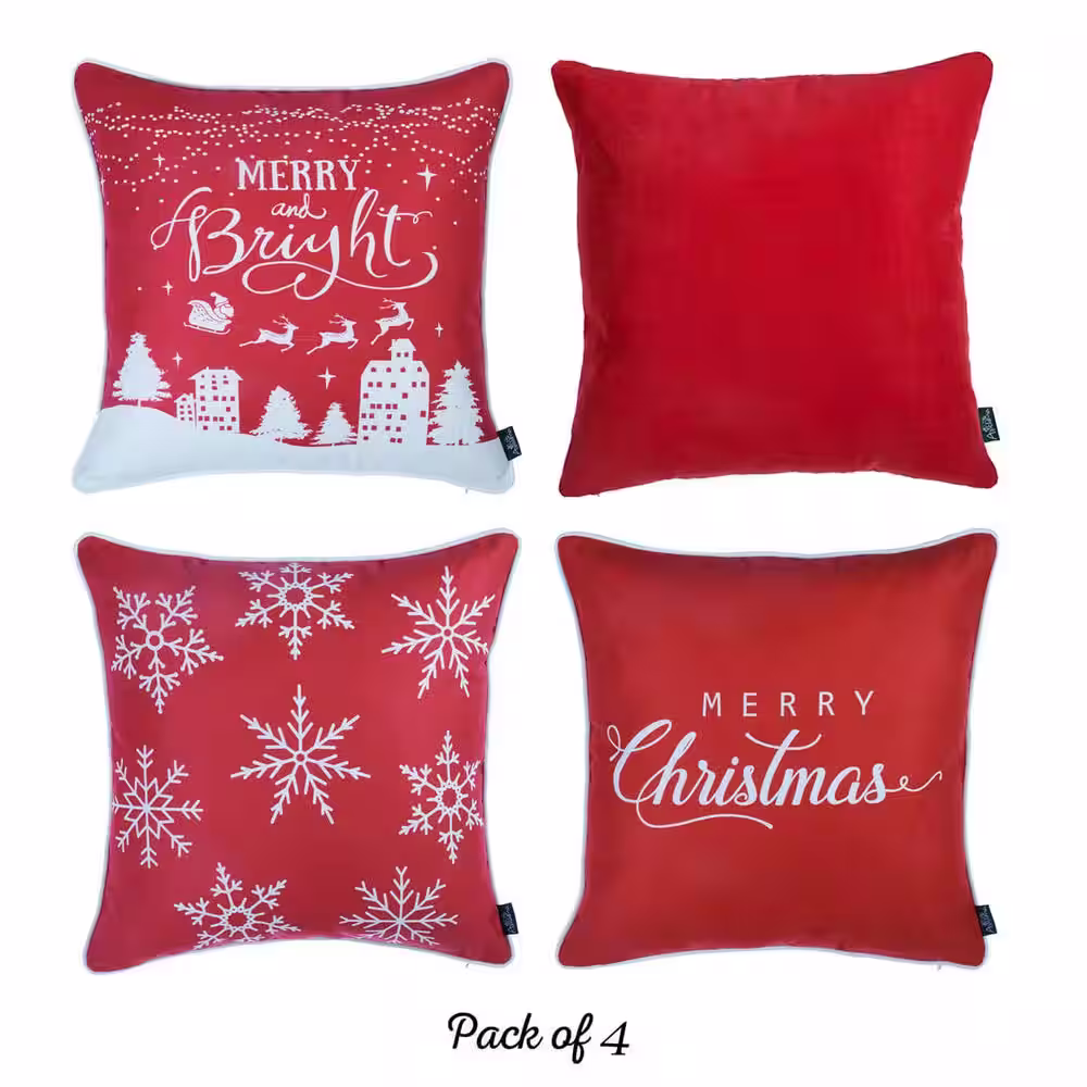 None Decorative Christmas Throw Pillow Cover Square 18 in. x 18 in. Red and White for Couch, Bedding (Set of 4)