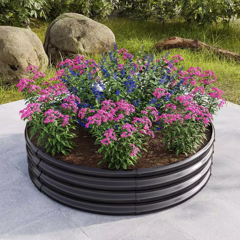 None Black 47.24 in. W Metal Round Raised Garedn Bed for Vegetables, Outdoor Garden Raised Planter Box