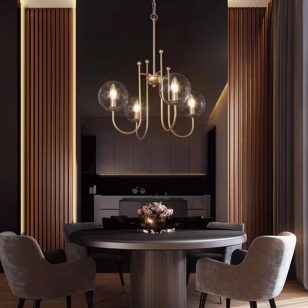Uolfin Modern Sputnik Chandelier Light Ray 4-Light Brass Gold Island Chandelier Light with Clear Glass Shade
