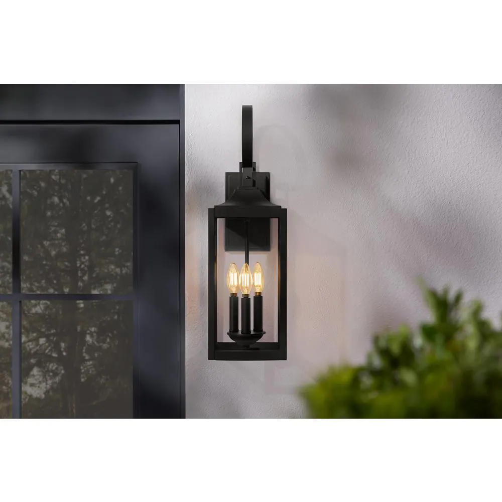 Home Decorators Collection Havenridge 3-Light Matte Black Hardwired Outdoor Wall Lantern Sconce with Clear Glass (1-Pack)