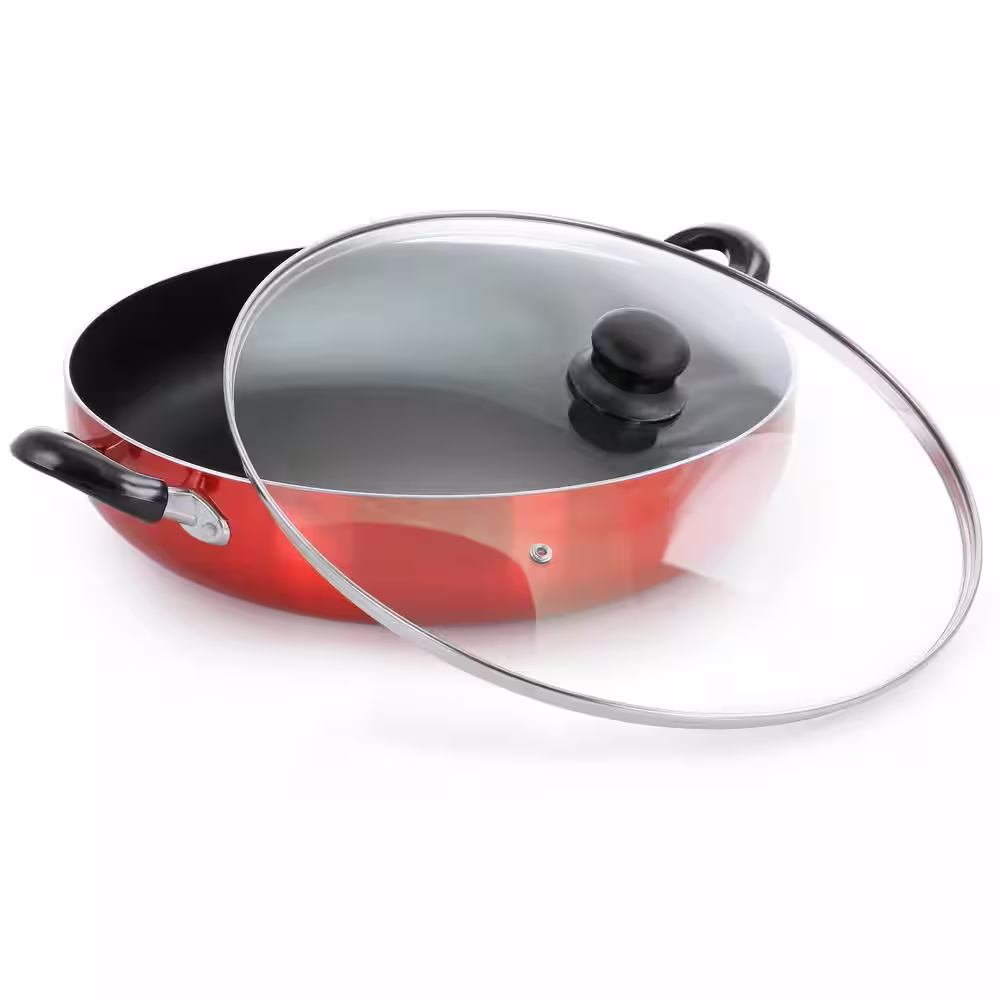 Better Chef 16 in. Red Aluminum Deep Fryer Frying Pan with Glass Lid