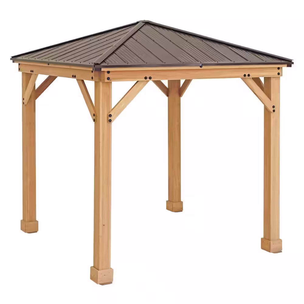 Yardistry Meridian 8 ft. x 8 ft. Premium Cedar Outdoor Patio Shade Gazebo with Architectural Posts and Brown Aluminum Roof