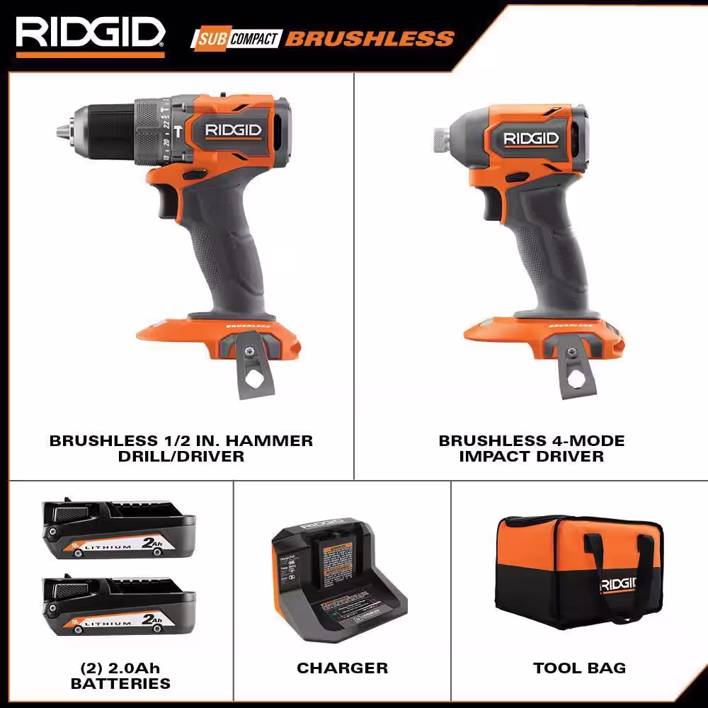 RIDGID 18V SubCompact Brushless Cordless 2- Tool Combo Kit w/ Hammer Drill, Impact Driver, (3) 2.0 Ah Batteries, Charger, & Bag