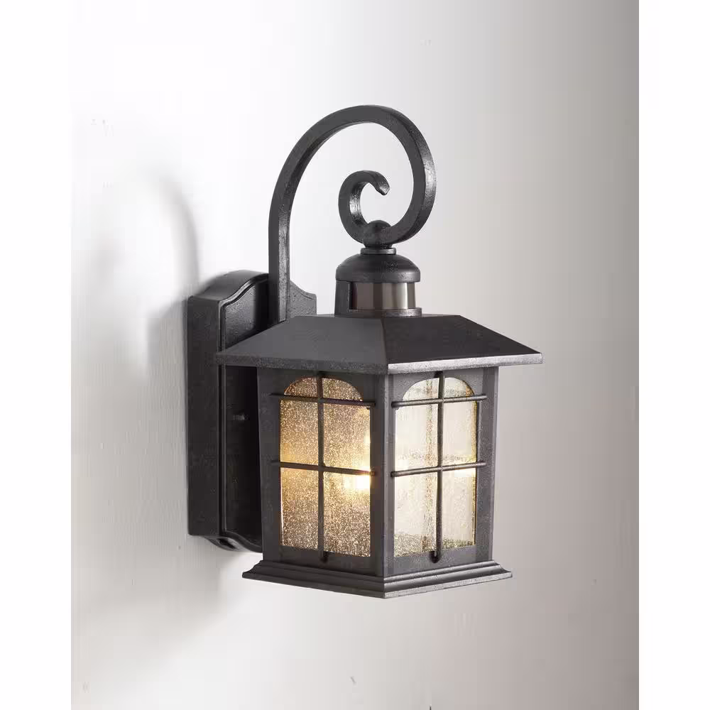 Hampton Bay 180-Degree 1-Light Aged Iron Outdoor Motion-Sensing Wall Lantern Sconce