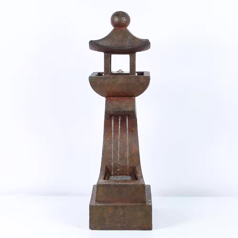 LuxenHome Polyresin Asian Pagoda 30.9 in. H Fountain with LED Light