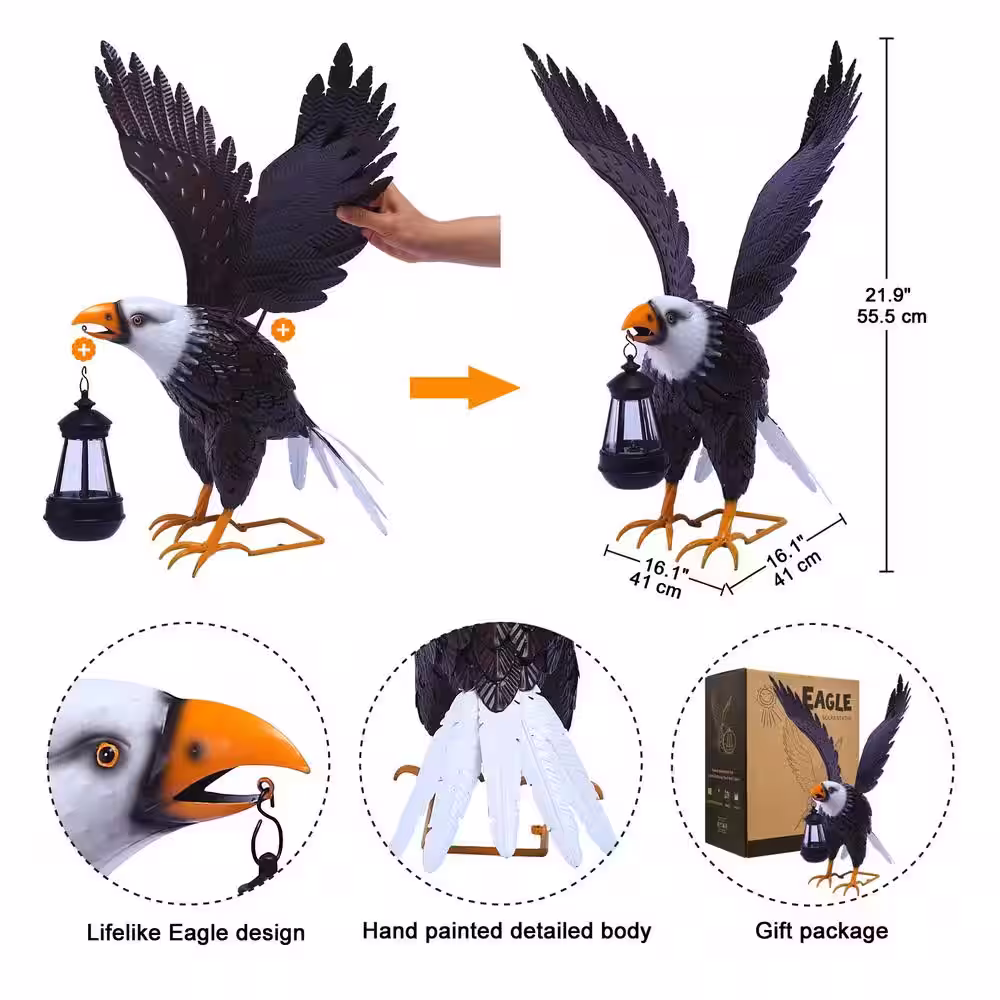 None 16.1 in. x 21.8 in. Large Metal Eagle with Solar Lantern, Yard Art Outdoor Statue, Standing Bird Lawn Ornament