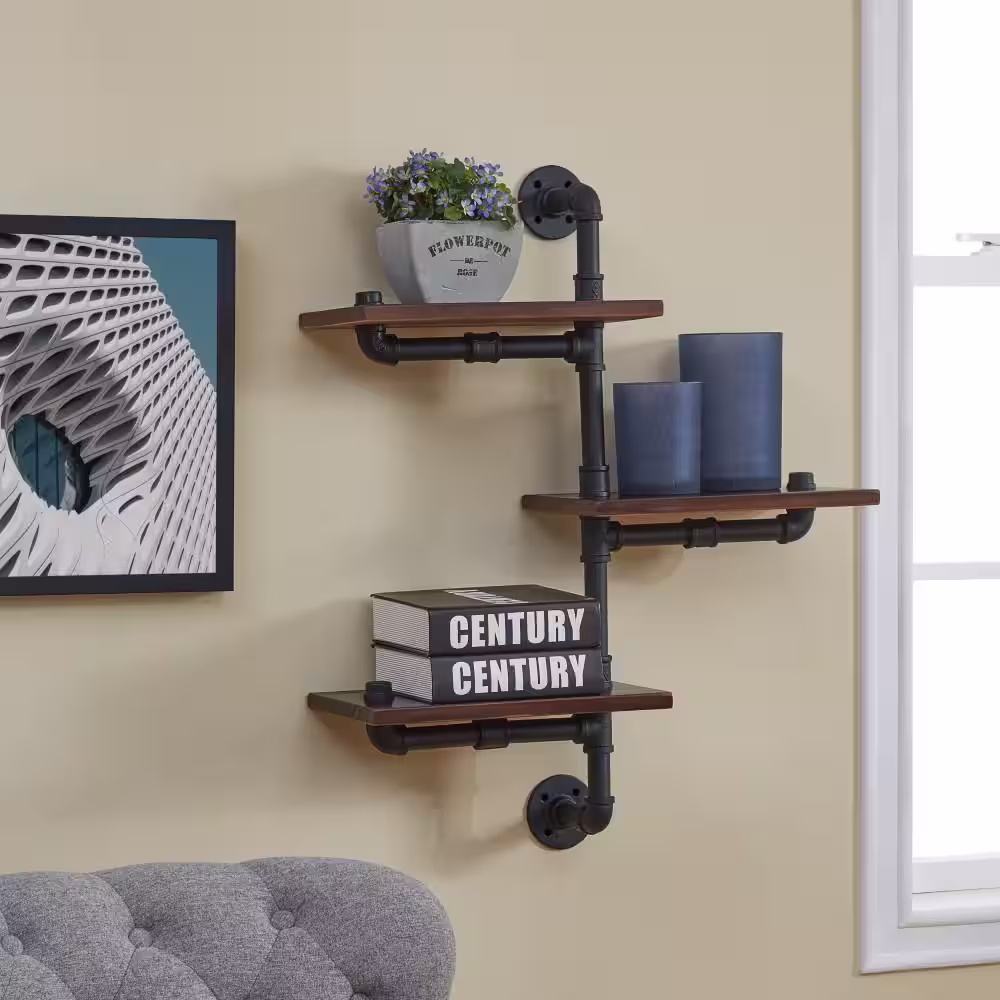 DANYA B 3-Shelf 24 in. x 8 in. Floating Staggered Industrial Rustic Pipe Wall Mount Shelving Unit
