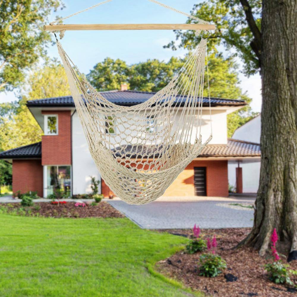 None 3 ft. Hammock Chair Hanging Rope Seat Swing with Wooden Stick 220 lbs. Load Hammock for Patio Yard Porch Outdoor