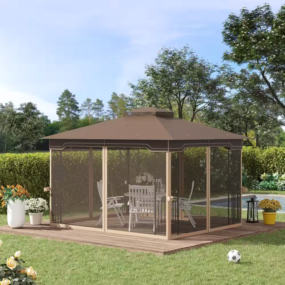 Outsunny 12 ft. x 10 ft. Brown Patio Gazebo Outdoor Canopy Shelter with Double Tier Roof and Netting Sidewalls
