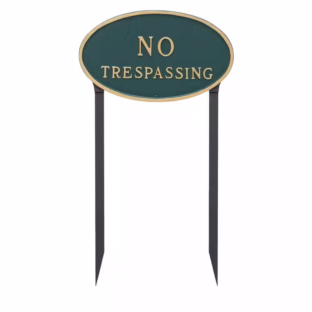 Montague Metal Products 10 in. x 18 in. Large Oval No Trespassing Statement Plaque with 23 in. Lawn Stakes, Hunter Green with Gold Lettering