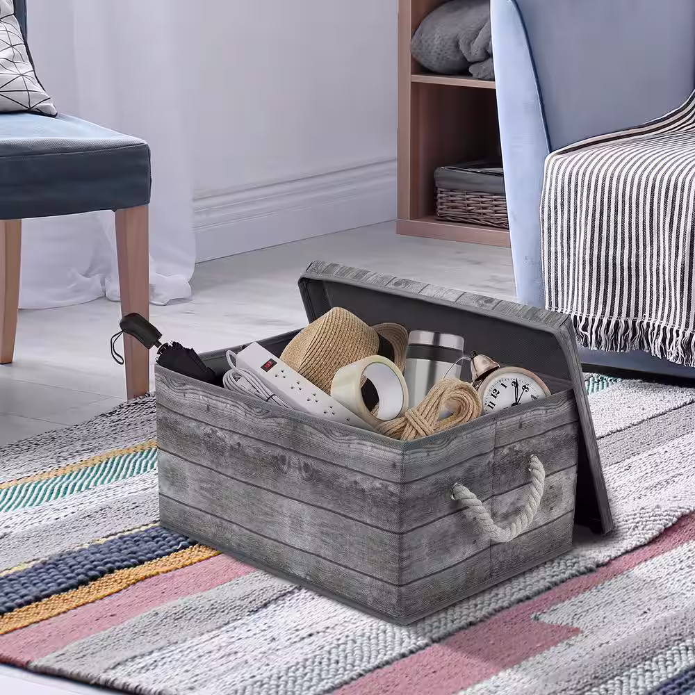 Sorbus 16.62 in. L x 8 in. W x 12.25 in. H Gray Rustic Collapsible Fabric Storage Bin with with Lid and Carry Handles Set of 2
