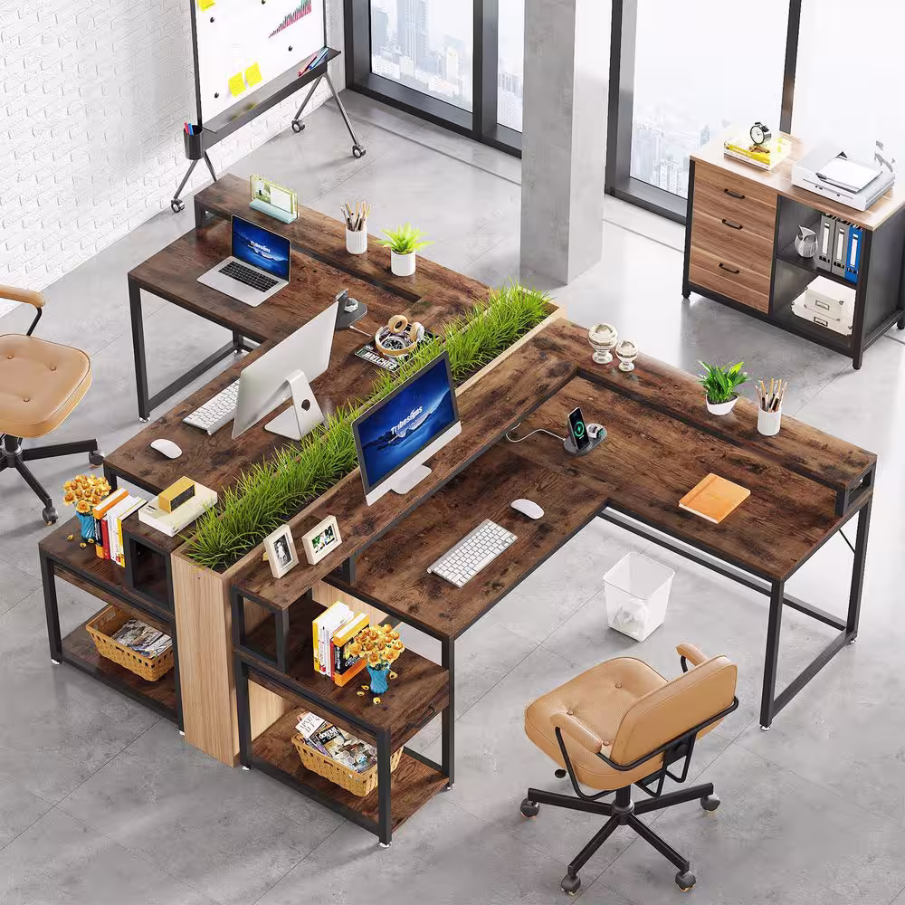 None Perry 68 in. L Shaped Brown Wood 1-Drawer Computer Desk with Power Outlets and Monitor Stand