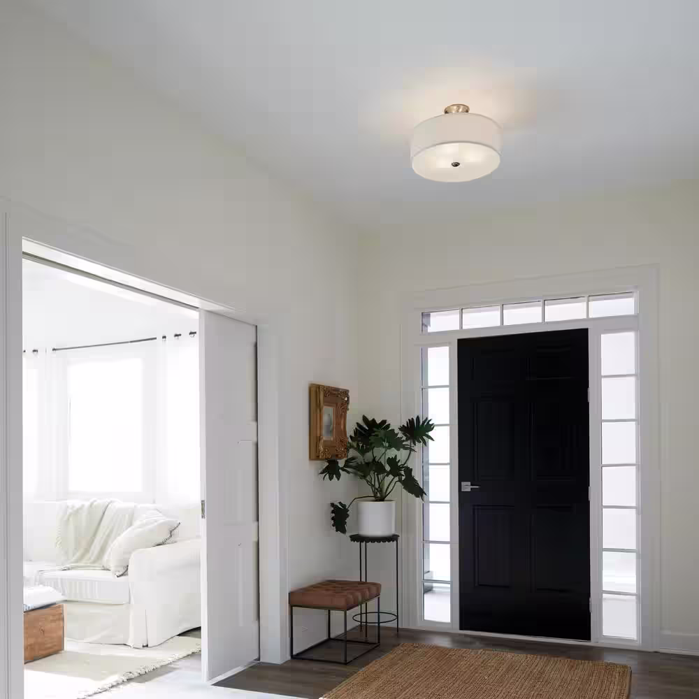 KICHLER Shailene 18 in. 3-Light Brushed Nickel Round Hallway Transitional Semi-Flush Mount Ceiling Light with Microfiber Shade